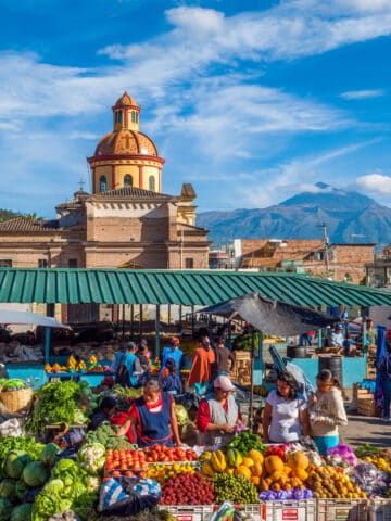 Busy traditional produce market in Otavalo, Ecuador