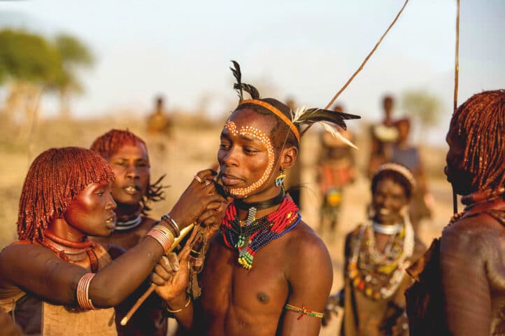 Hamer bull jumping ceremony in Ethiopia.