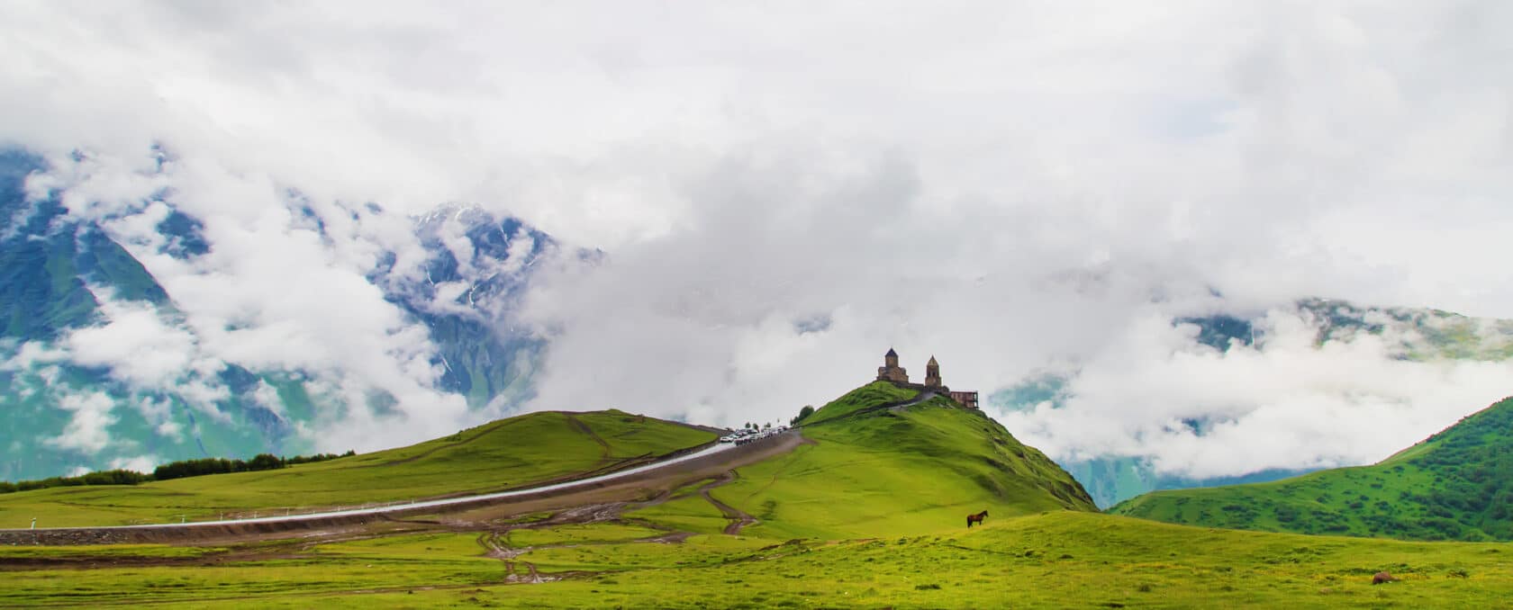 Kazbek Monastery. Sights of Georgia. Selective focus.