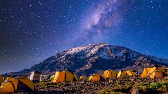 A campsite in Kilimanjaro at night.