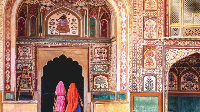 Two women walking in Rajasthan.