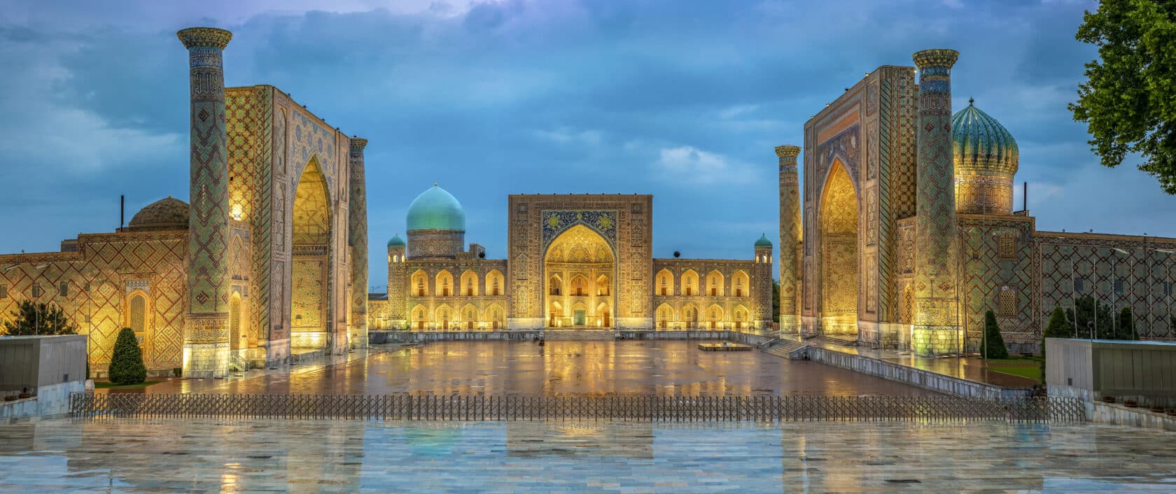 Panoramic view of Registan square, Samarkand, Uzbekistan with three madrasahs: Ulugh Beg, Tilya Kori and Sher-Dor Madrasah.