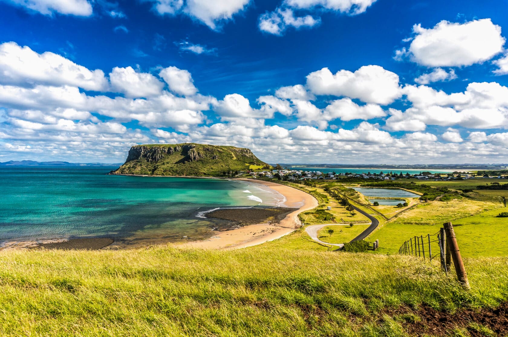 Clouds over green coastline, Stanley, Tasmania