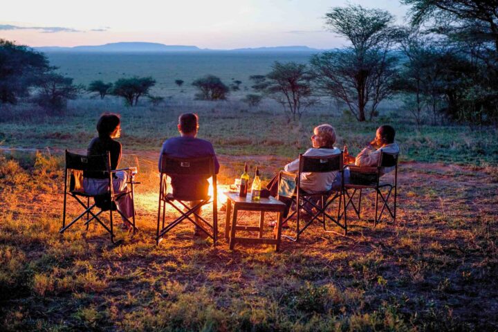 Four travelers around a campfire.