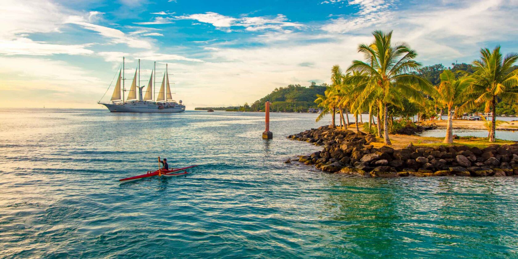 A sailing cruise ship on the French polynesia.