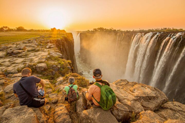 Victoria Falls at sunset.